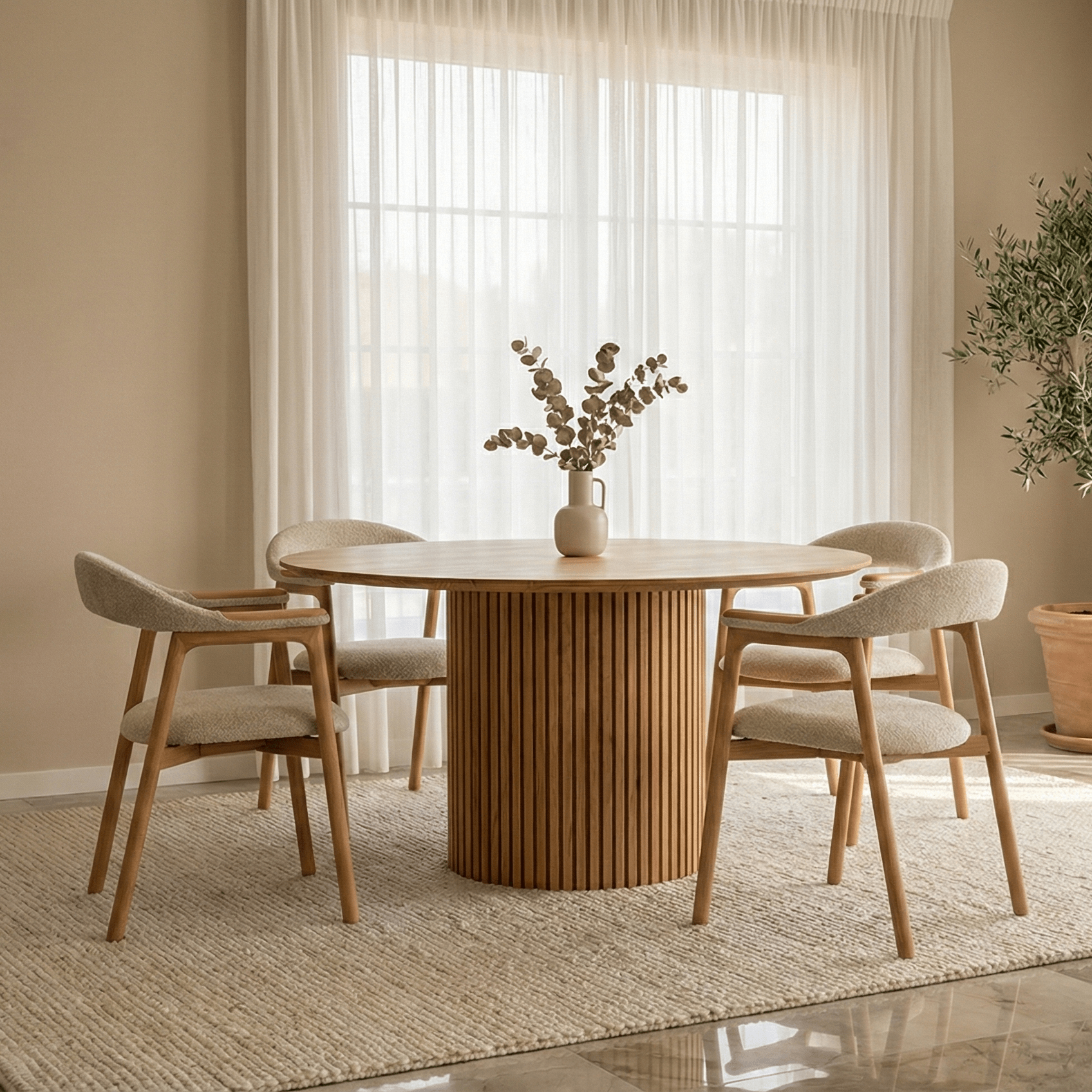 Oslo Round Dining Table - Real American Oak Wood with slatted cylindrical base in minimalist dining room, gallery position 1 updated_image04.png