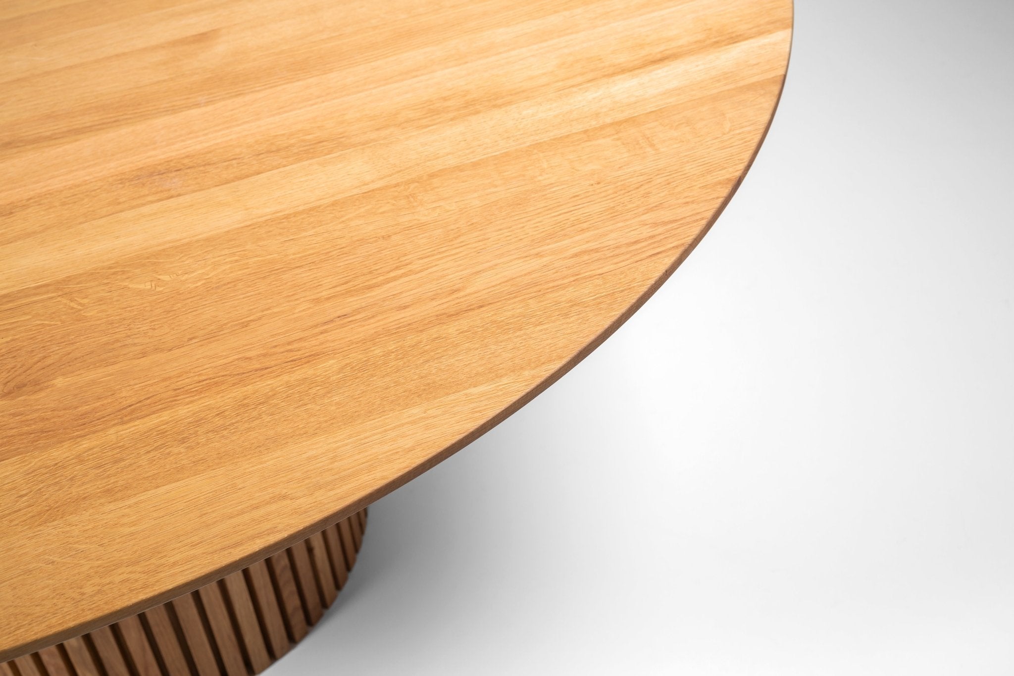 Oslo Round Dining Table - Real American Oak Wood close-up of smooth tabletop and unique slatted base in Scandinavian minimalist design KH_6063.jpg