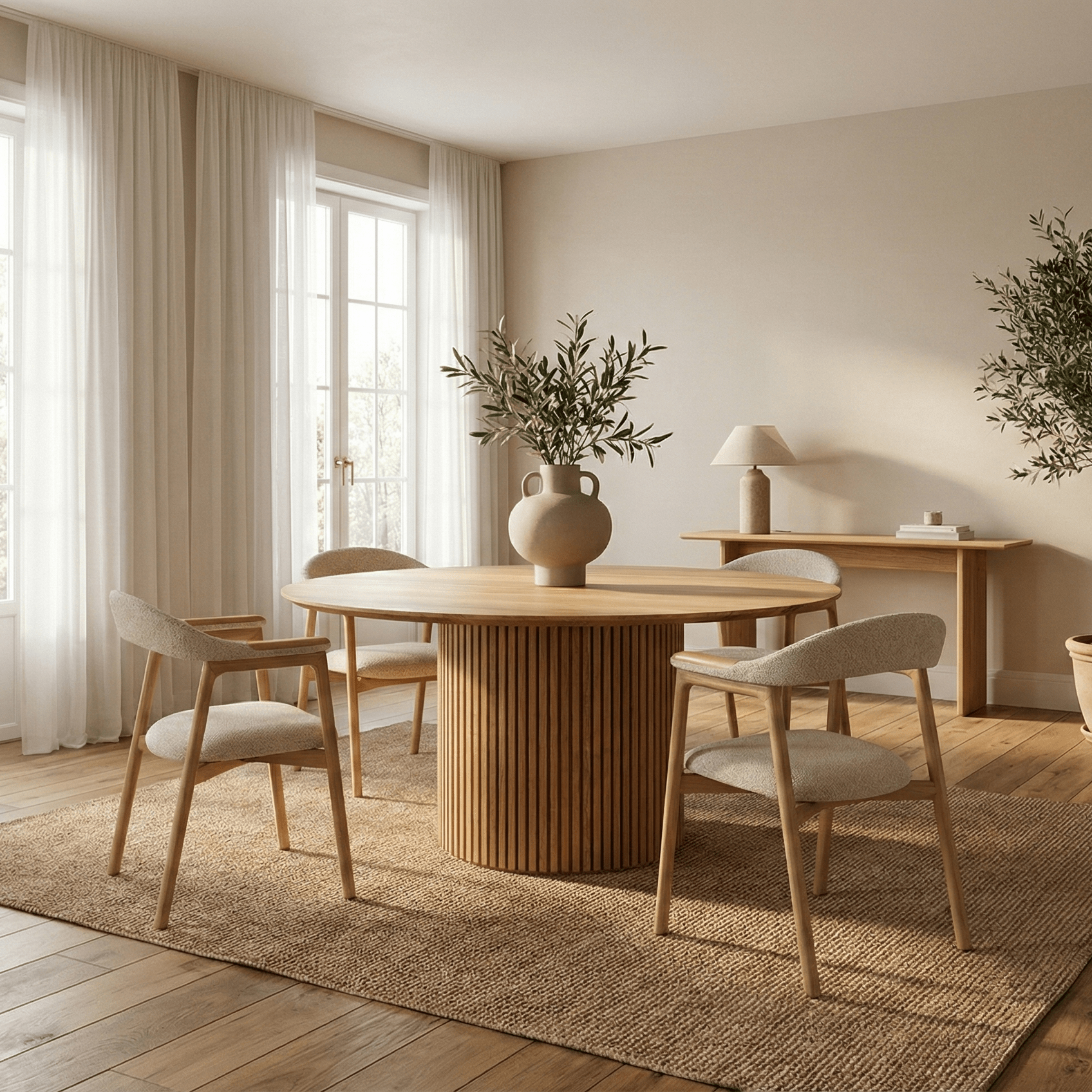 Oslo Round Dining Table - Real American Oak Wood with slatted cylindrical base in Scandinavian minimalist dining room, gallery position 1 updated_image.png