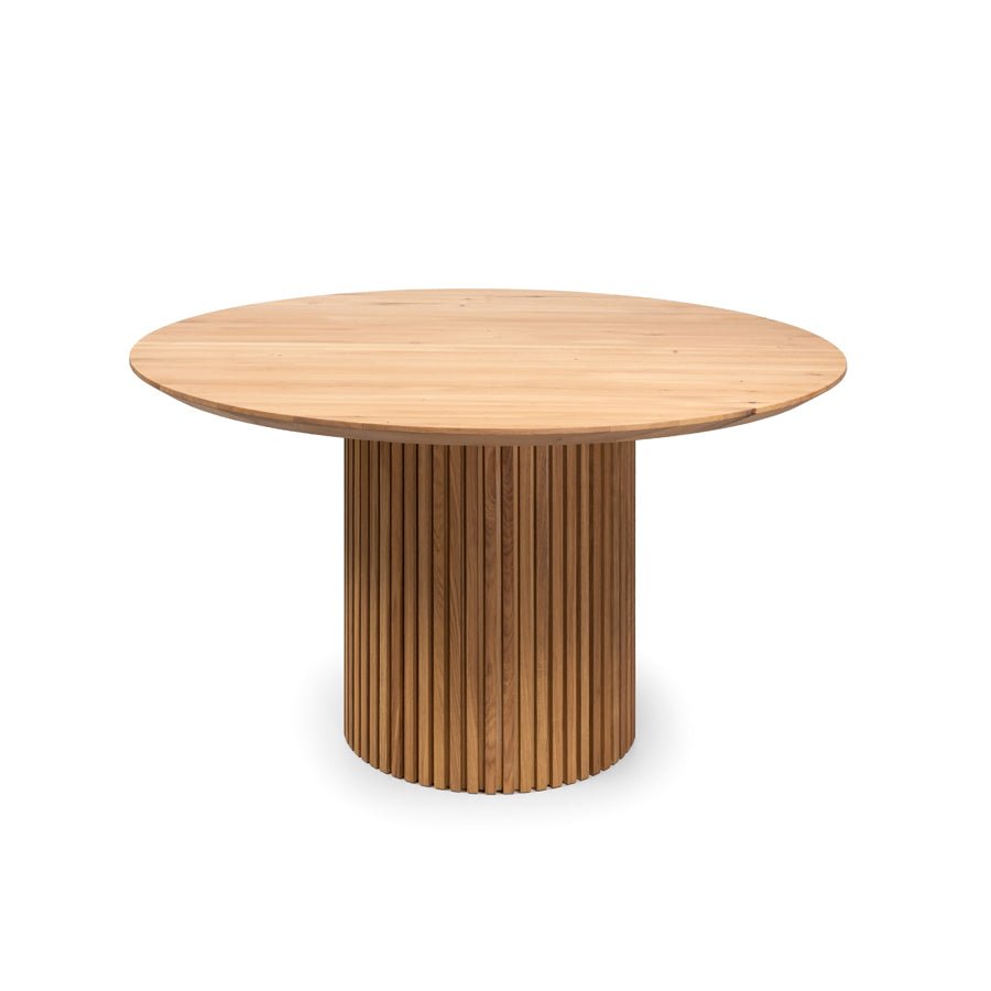Oslo Round Dining Table - Real American Oak Wood with unique slatted cylindrical base in minimalist Scandinavian solid oak design, gallery 1