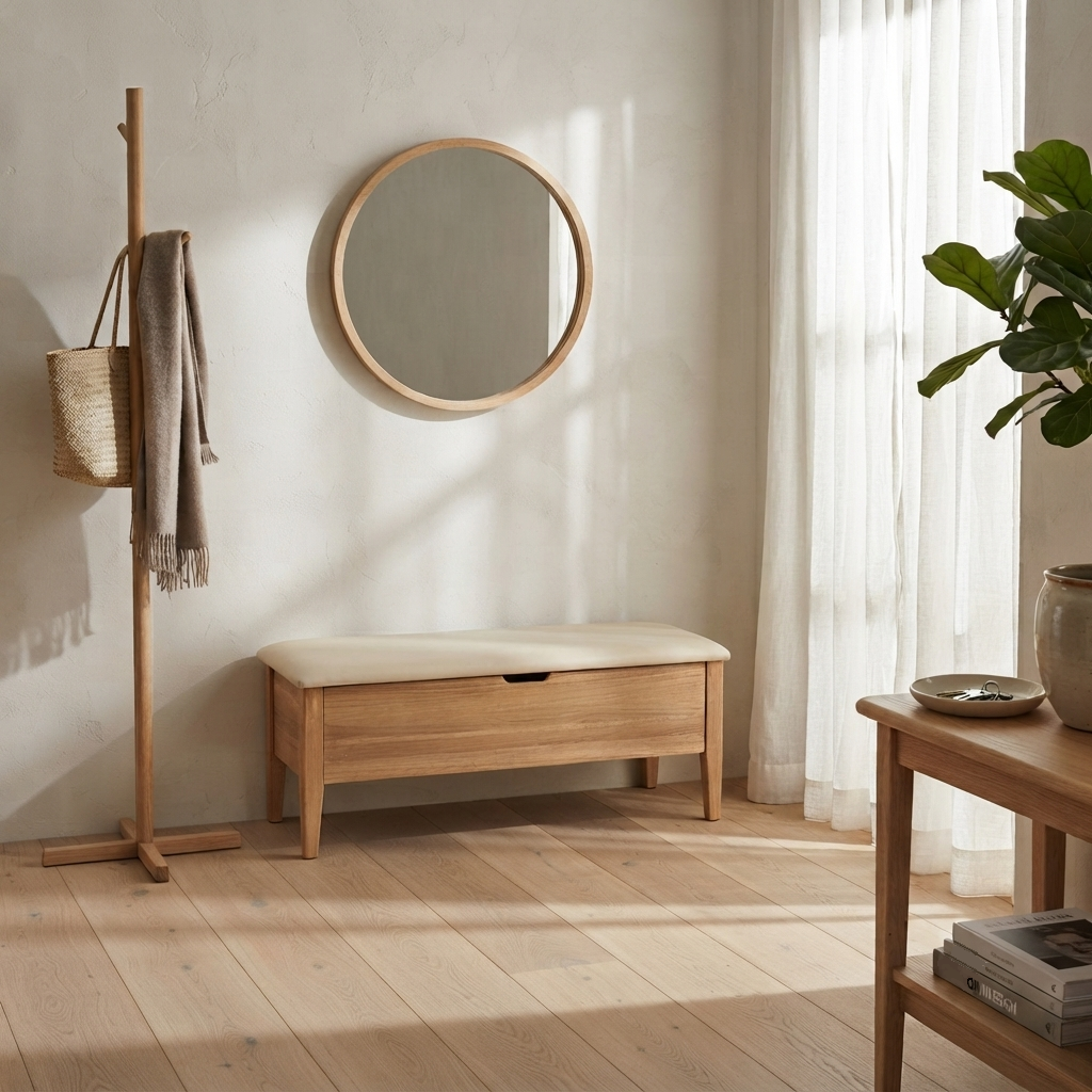 Oslo American White Oak Bench 43" with beige leather seat styled in a Scandinavian entryway with coat rack and round oak mirror