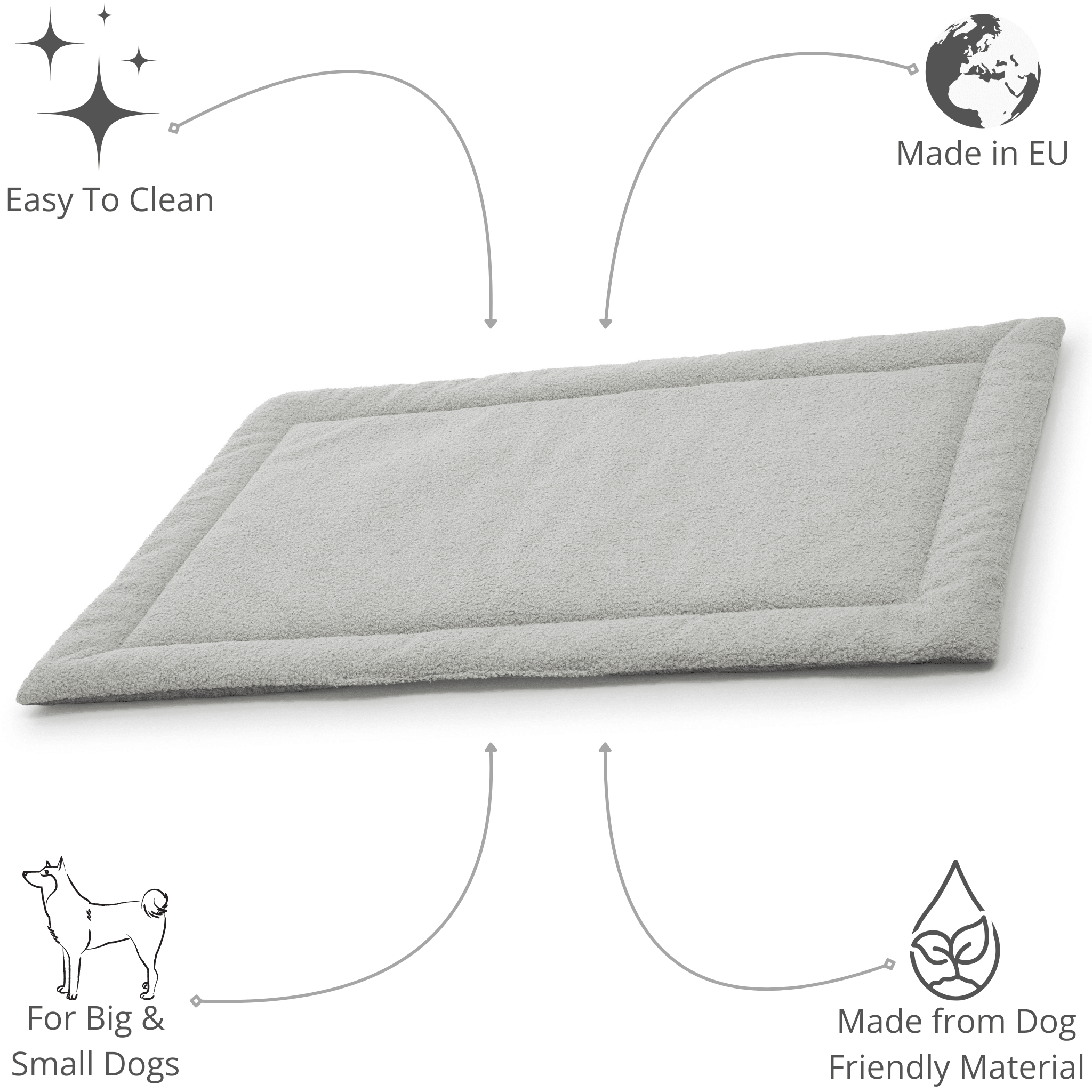Soft and eco-friendly mat with annotations highlighting its pet-friendly materials and versatile design.