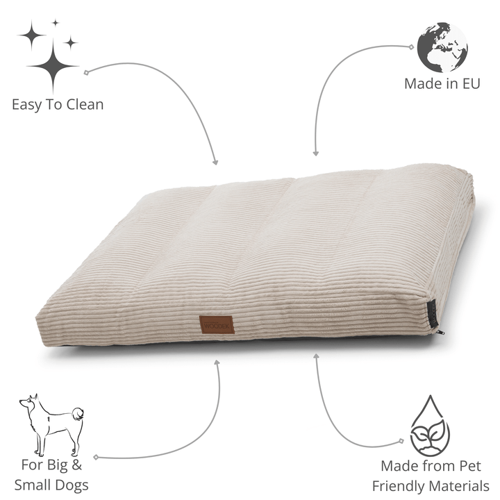 Flat beige pet bed with bolstered stitching, designed for comfort and durability, suitable for everyday use