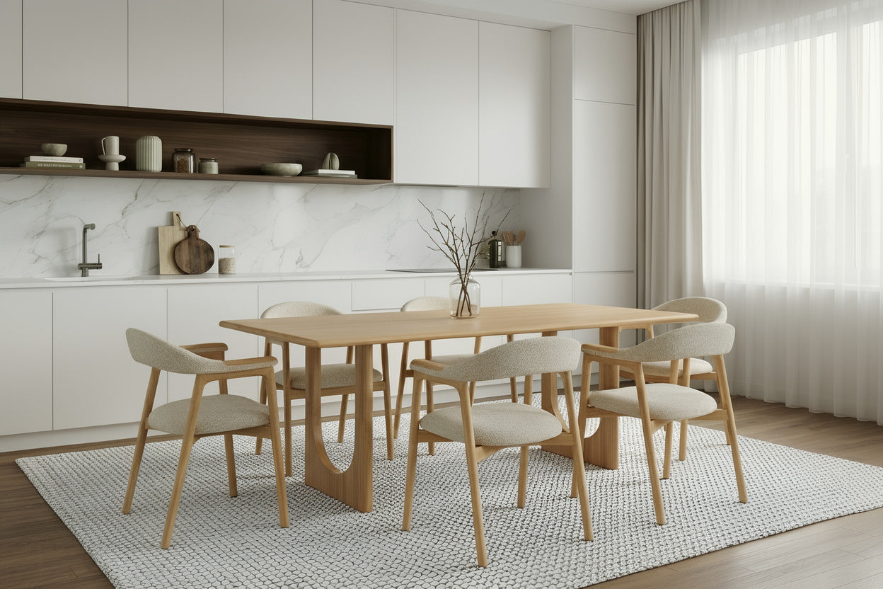 Dining room with Scandinavian solid oak table and six matching chairs on textured light gray rug by large window remove_the_logo_from_bottom_righ-0_8.jpg