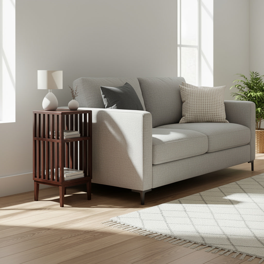 Jack Narrow Side Table/Nightstand – Handcrafted Solid Walnut with open slat design beside grey sofa in bright minimalist living room, gallery position 1