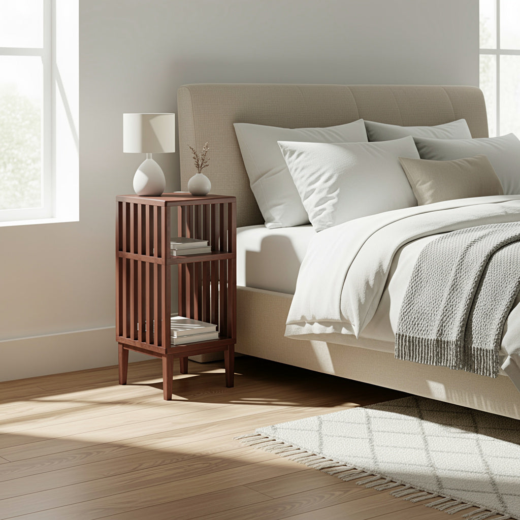 Jack Narrow Side Table/Nightstand – Handcrafted Solid Walnut with open slat design near beige upholstered bed, remove_the_small_grey_logo_from-3.jpg gallery 1