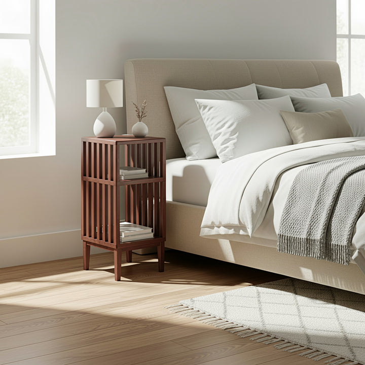Jack Narrow Side Table/Nightstand – Handcrafted Solid Walnut with open slat design near beige upholstered bed, remove_the_small_grey_logo_from-3.jpg gallery 1