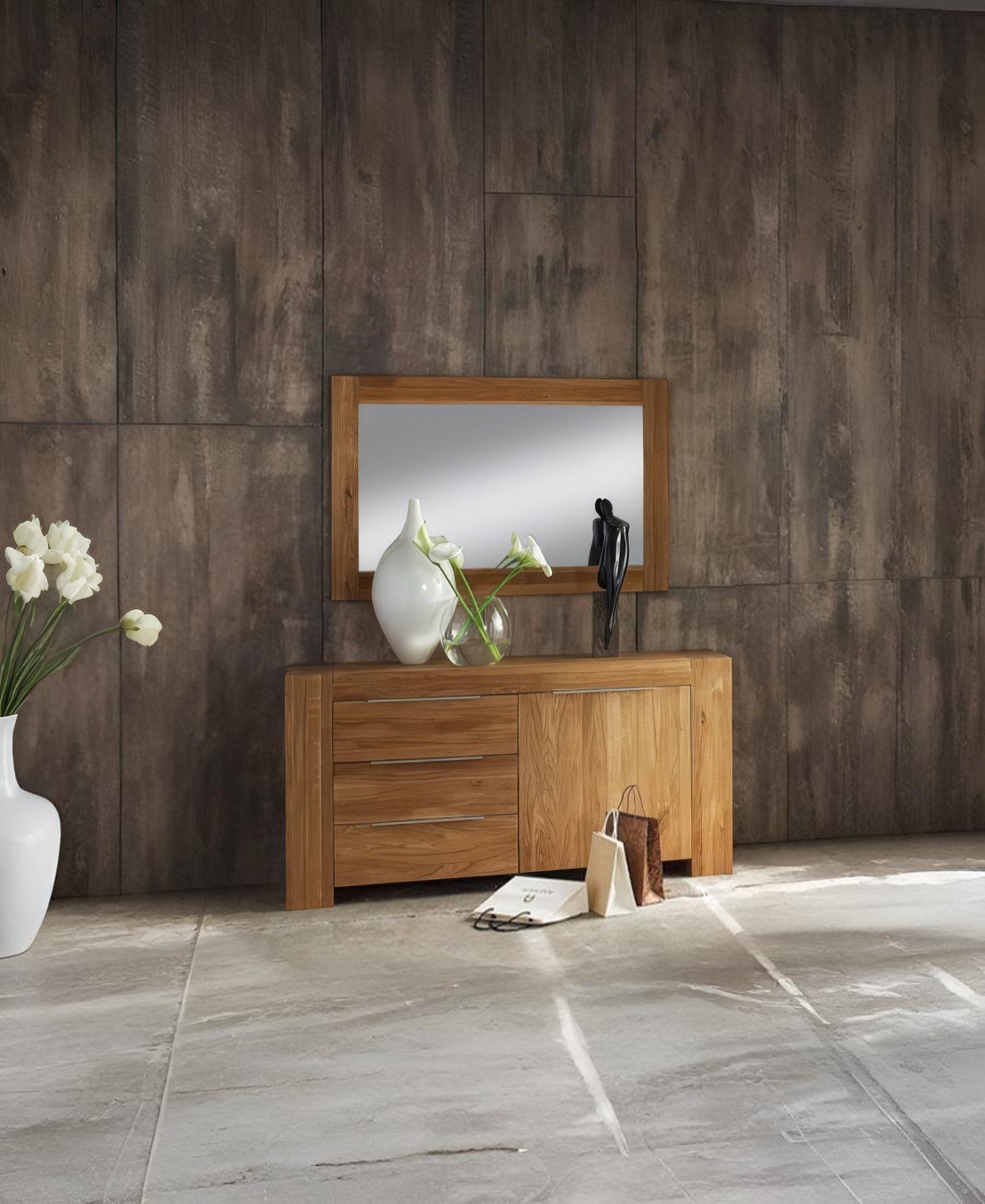 Rome Wild Oak Sideboard with solid oak construction, natural grain, three drawers, cabinet door, and matching oak-framed mirror, gallery position 1