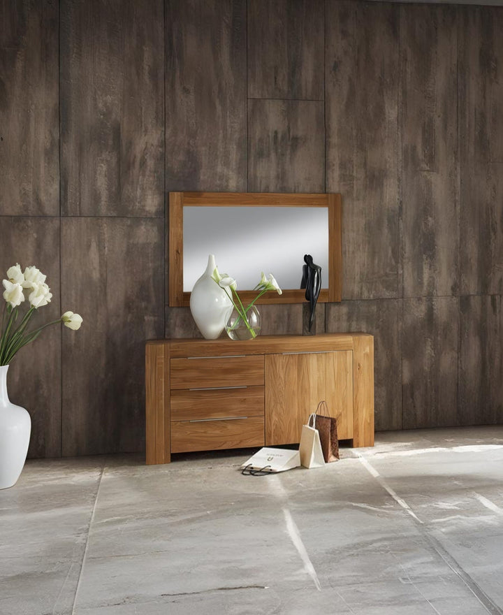 Rome Wild Oak Sideboard with solid oak construction, natural grain, three drawers, cabinet door, and matching oak-framed mirror, gallery position 1