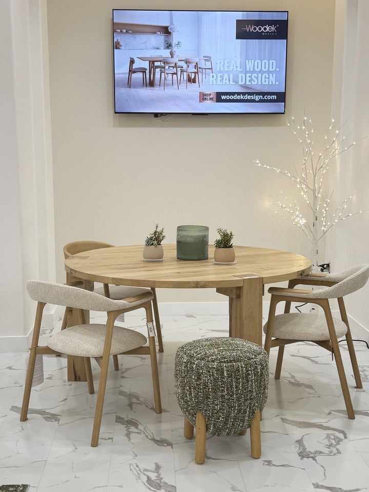 Rooma Round Dining Table –  Handcrafted Solid Oak Hardwood with natural grain and sturdy legs in minimalist Scandinavian dining room, gallery 1 Oak_dining_table_rome3.jpg
