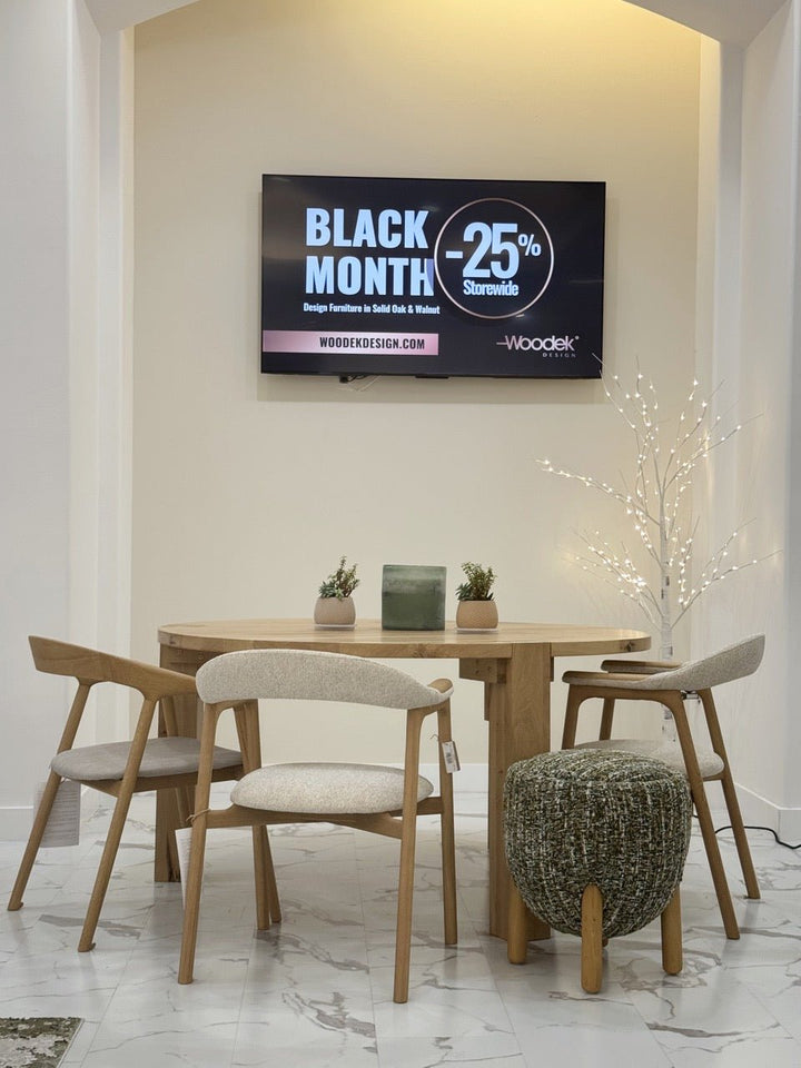 Rooma Round Dining Table – Handcrafted Solid Oak Hardwood in minimalist setting with natural wood grain and solid wood chairs, gallery position 1 Oak_dining_table_rome-2.jpg