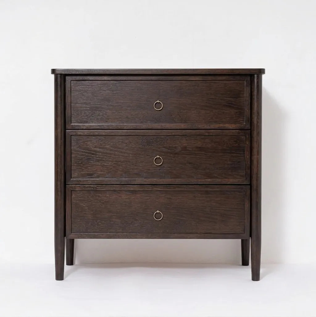 Rose Espresso Oak Chest of Drawers - front view with 3-drawer layout and antique brass ring pull hardware on white background