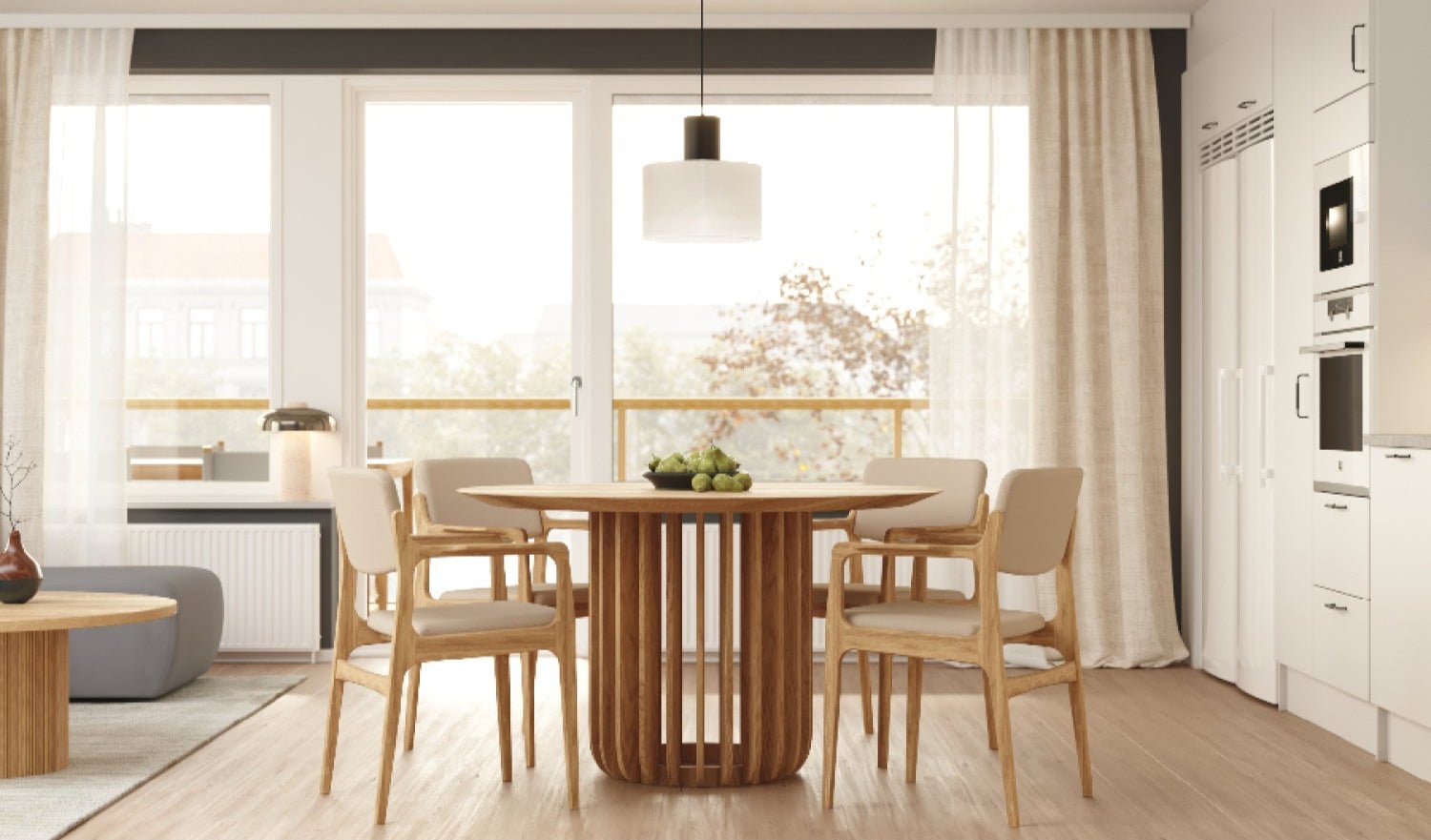 Round Dining Table Franz with solid oak wood base and slatted design in Scandinavian minimalist style, gallery position 1 Soogilaud-Franz-2.jpg