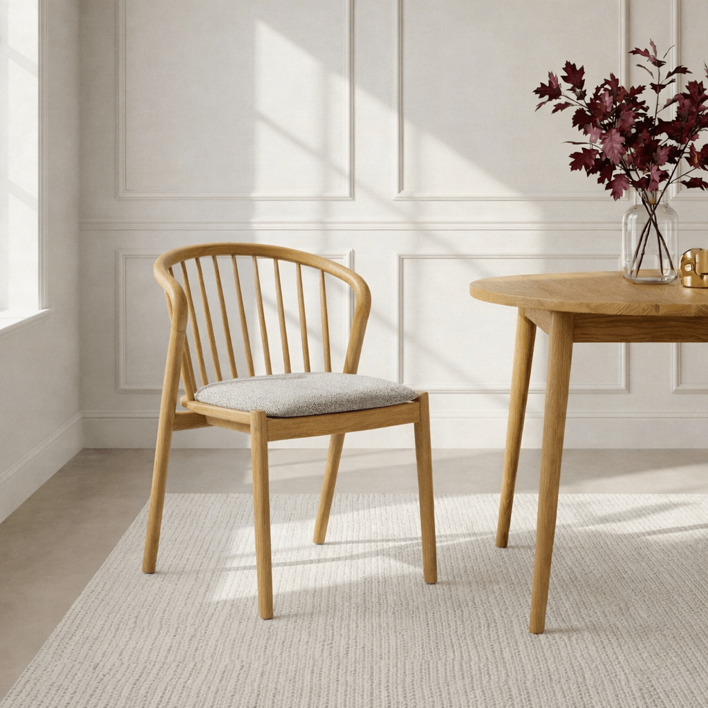 Saga American White Oak dining chair with Noel seat pad, light grey cushion, three-quarter view
