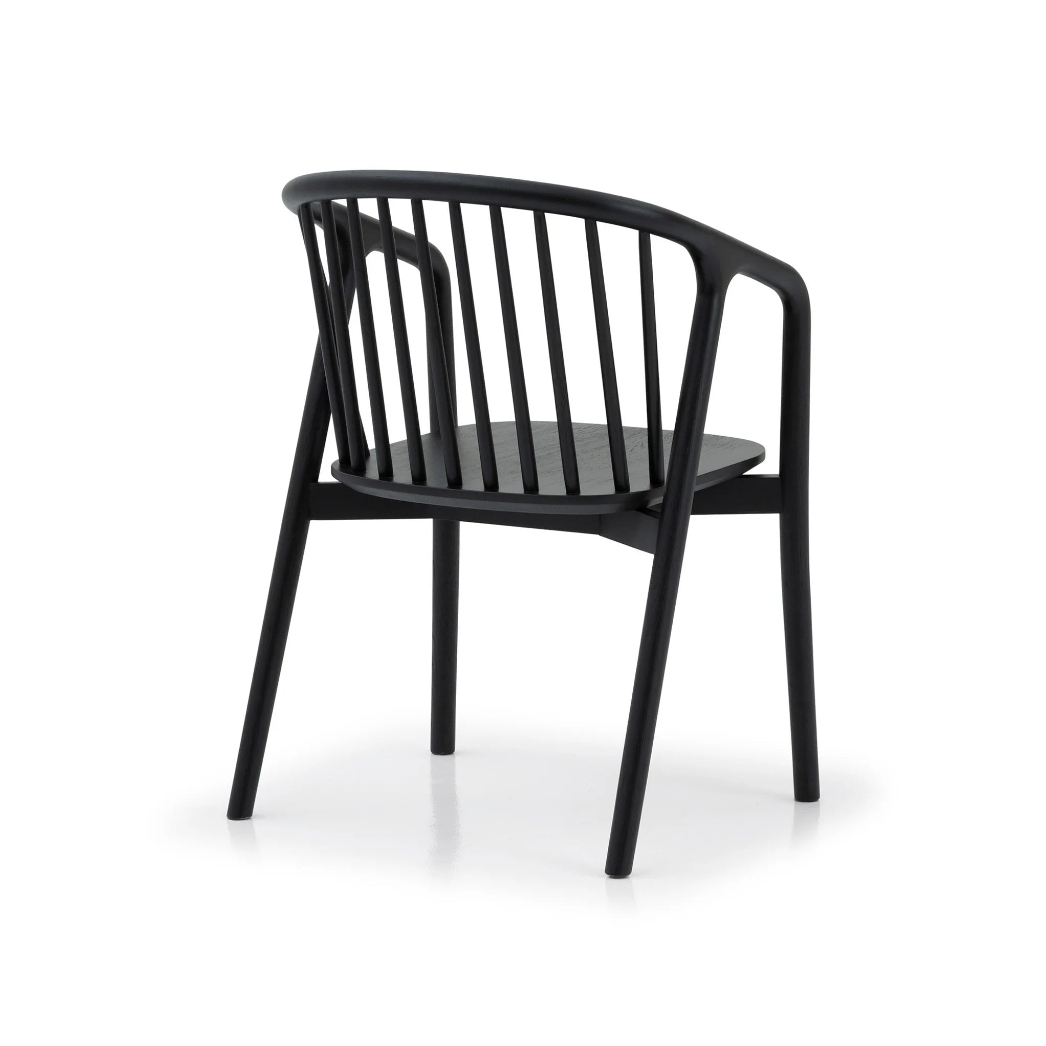 Saga – Classic Espresso Finished Oak Dining Chair rear angle with black armrests and sculpted spindle back in minimalist solid oak design, gallery 1