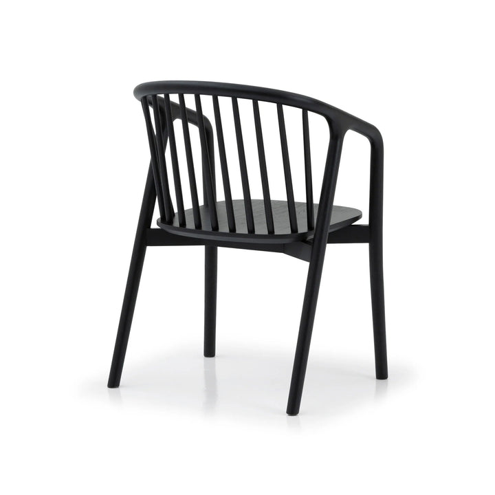 Saga – Classic Espresso Finished Oak Dining Chair rear angle with black armrests and sculpted spindle back in minimalist solid oak design, gallery 1