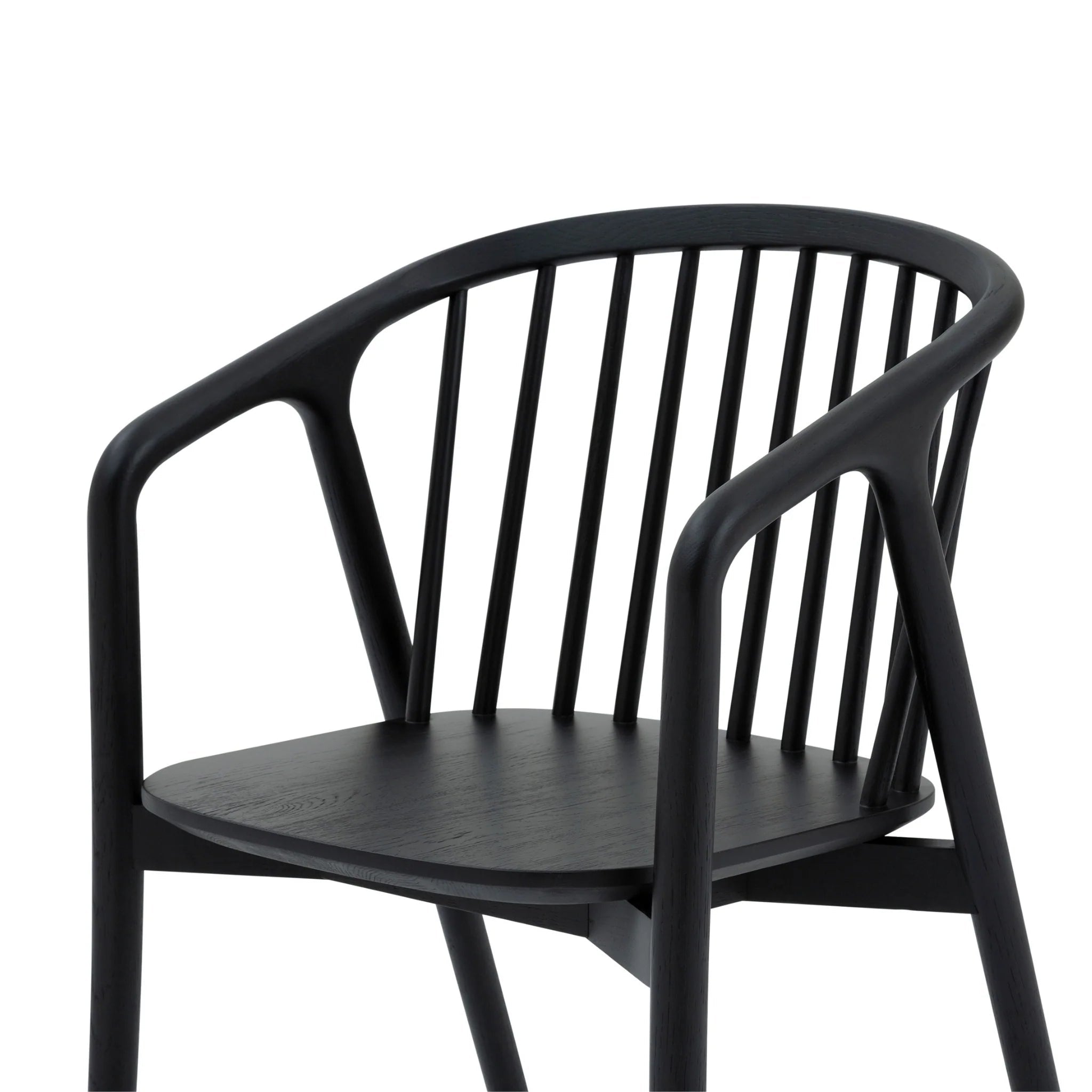 Saga – Classic Espresso Finished Oak Dining Chair with black armrests and sculptural spindle back in minimalist solid oak wood design, gallery 1