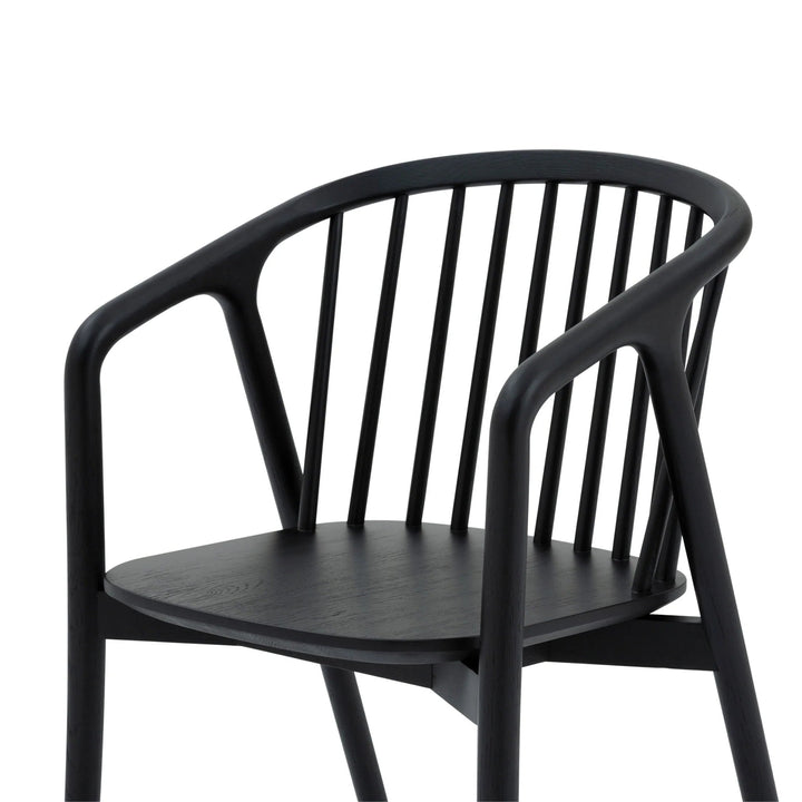 Saga – Classic Espresso Finished Oak Dining Chair with black armrests and sculptural spindle back in minimalist solid oak wood design, gallery 1
