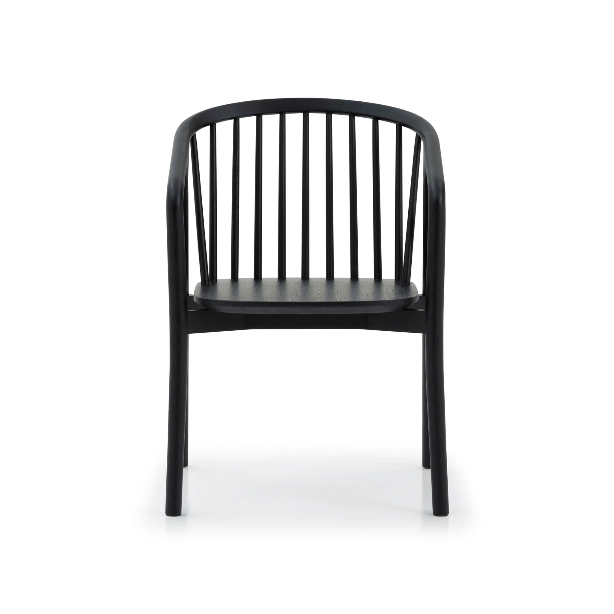 Saga – Classic Espresso Finished Oak Dining Chair front view with black spindle backrest and curved armrests in minimalist solid oak design