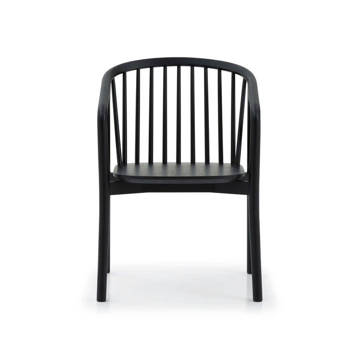 Saga – Classic Espresso Finished Oak Dining Chair front view with black spindle backrest and curved armrests in minimalist solid oak design