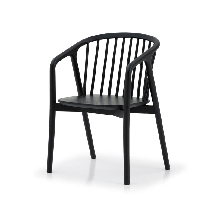 Saga – Classic Espresso Finished Oak Dining Chair with black armrests and spindle back, minimalist solid oak wood design, gallery position 1