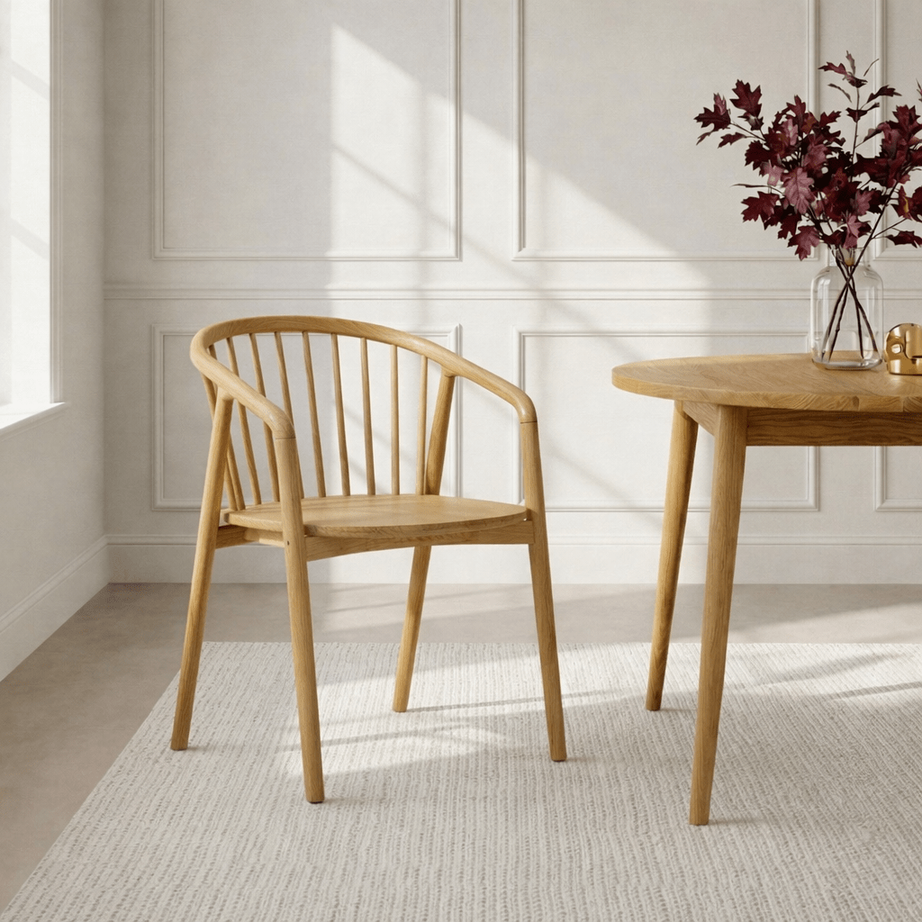Saga Classic American White Oak Dining Chair - spindle backrest and rounded frame, natural matte lacquer finish, front view