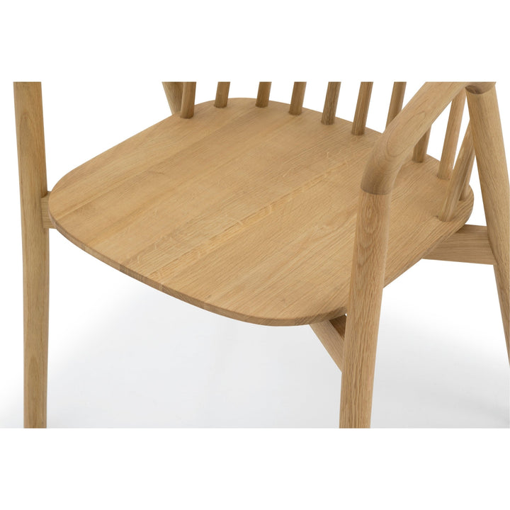 Saga American White Oak Dining Chair - close-up of seat and armrest with smooth rounded edges and natural oak grain