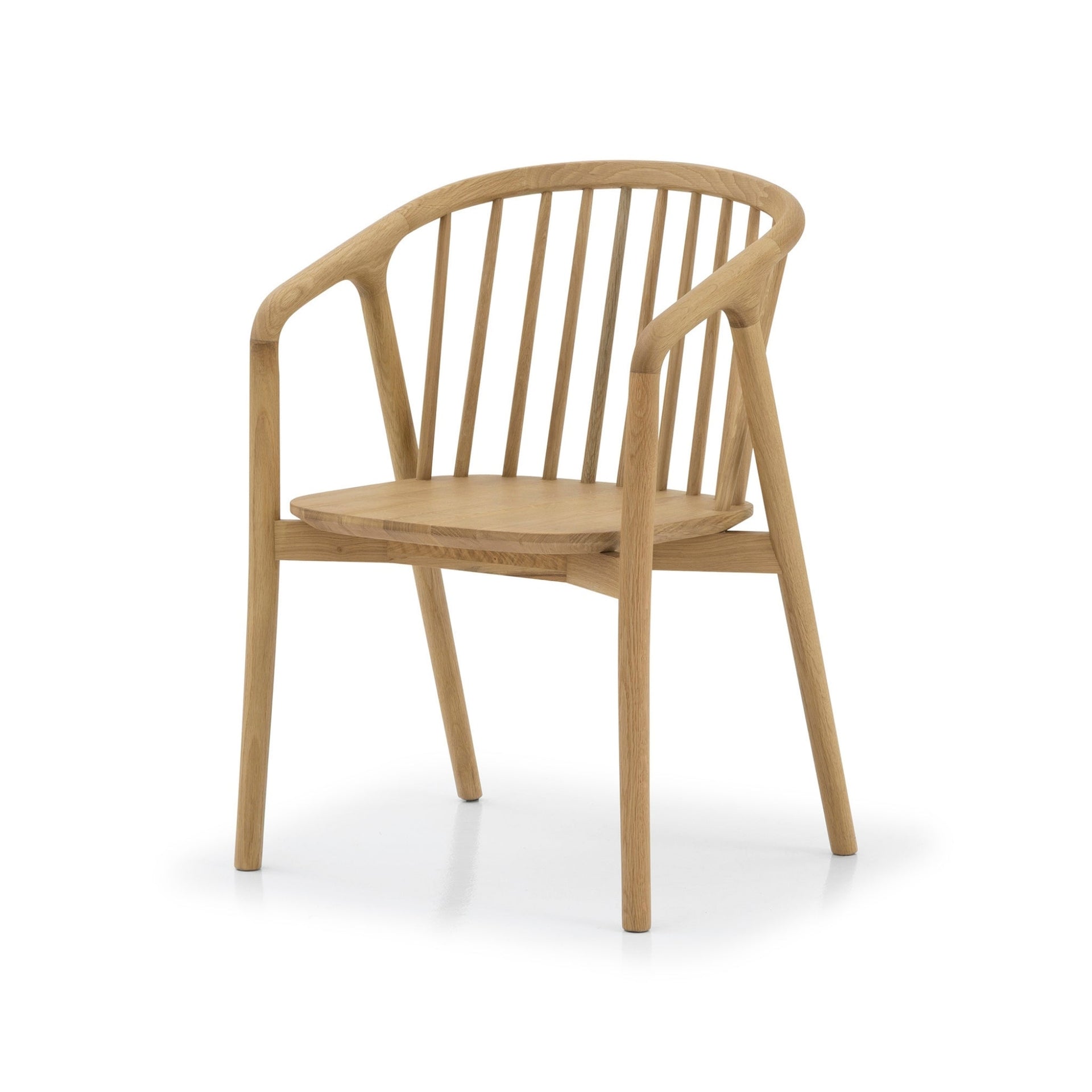 Saga American White Oak Dining Chair - spindle backrest, curved armrests, and natural matte lacquer finish, angled view