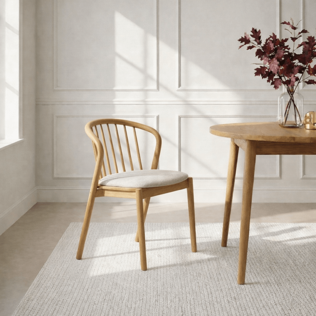 Saga American White Oak dining chair with Cobble seat pad, three-quarter front view