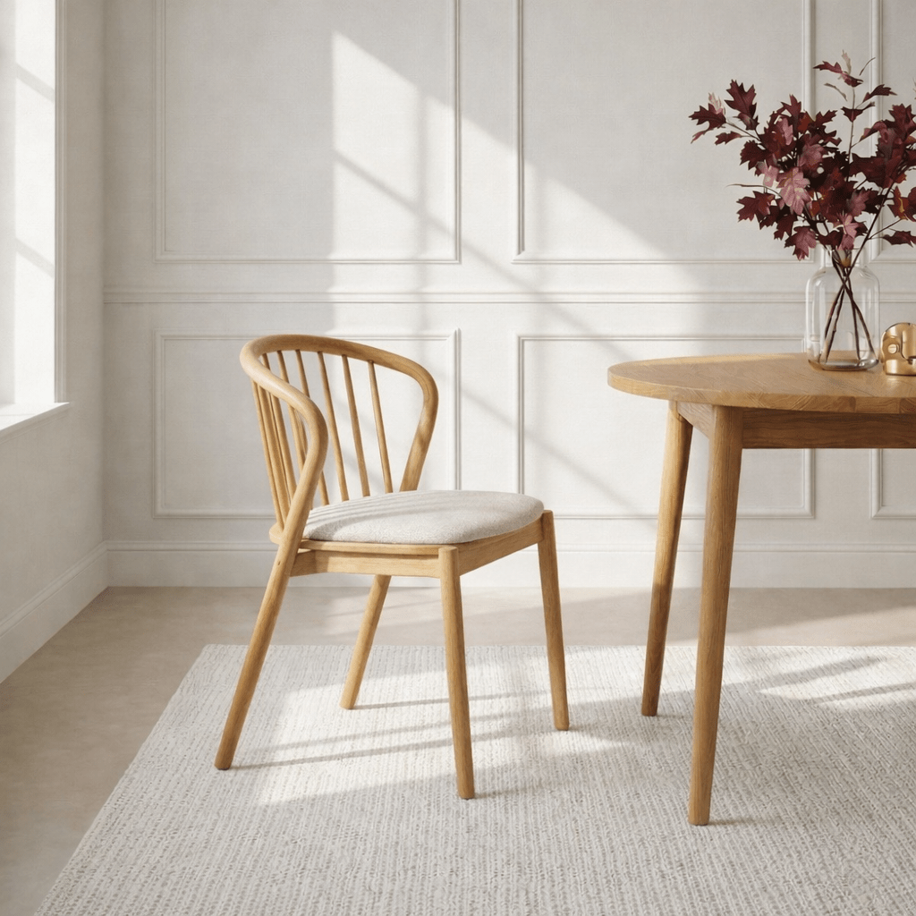 Saga American White Oak dining chair with Cobble seat pad, angled lifestyle view