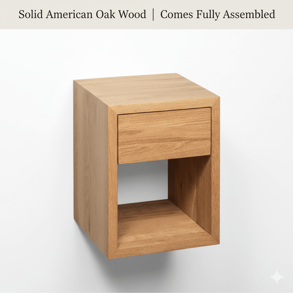 Modern oak floating nightstand with soft-close storage drawer and natural matte lacquer