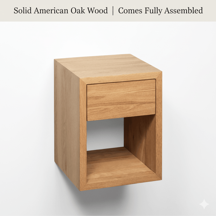Modern oak floating nightstand with soft-close storage drawer and natural matte lacquer