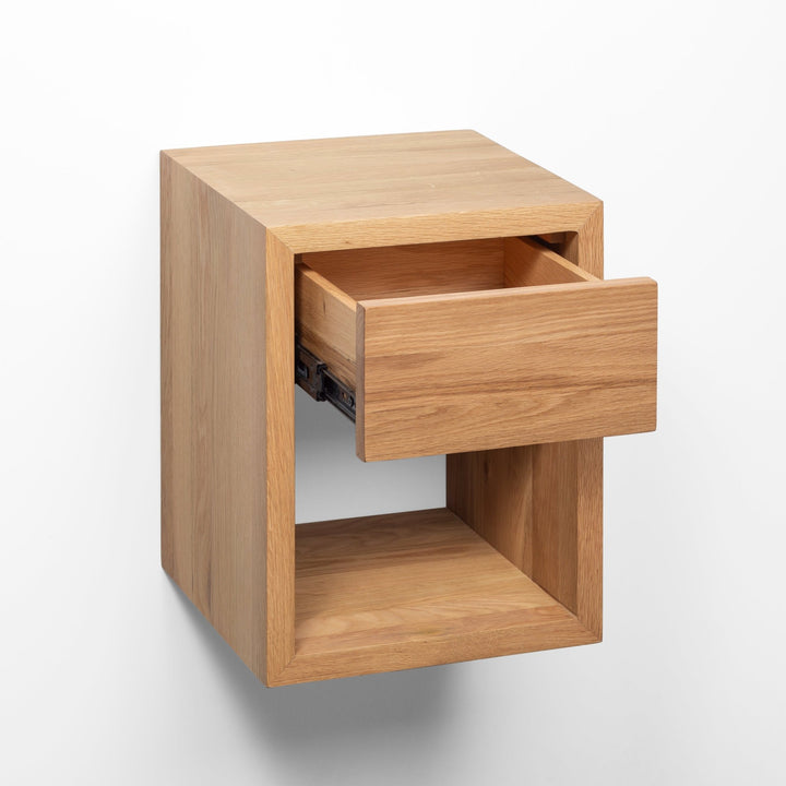 Small Nightstand Hugo With Soft-Close Drawer - Natural Matte Lacquer floating solid oak bedside table with open shelf, drawer partially extended, KH_6124 file