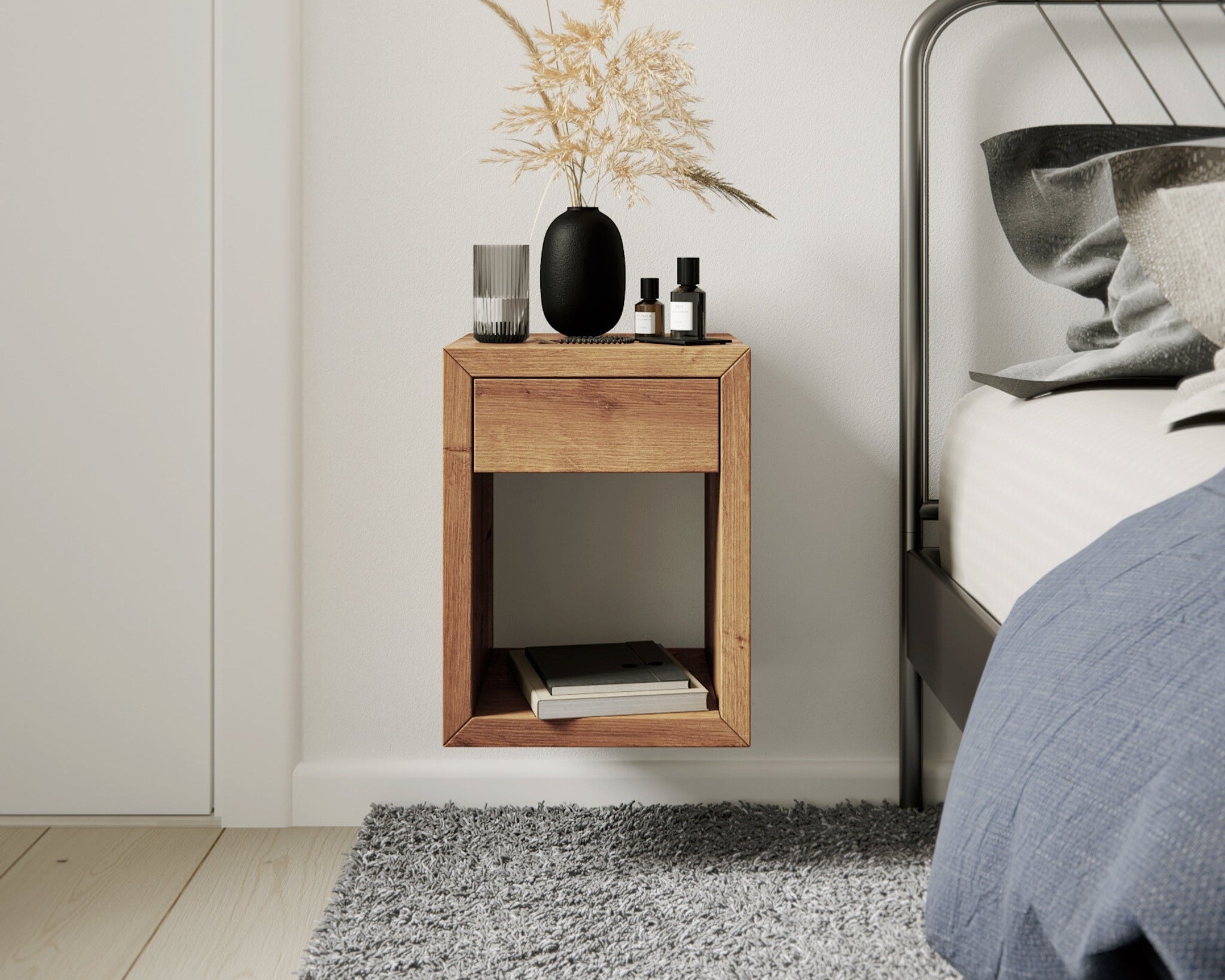 Hugo floating oak nightstand with soft-close drawer and open shelf in matte finish