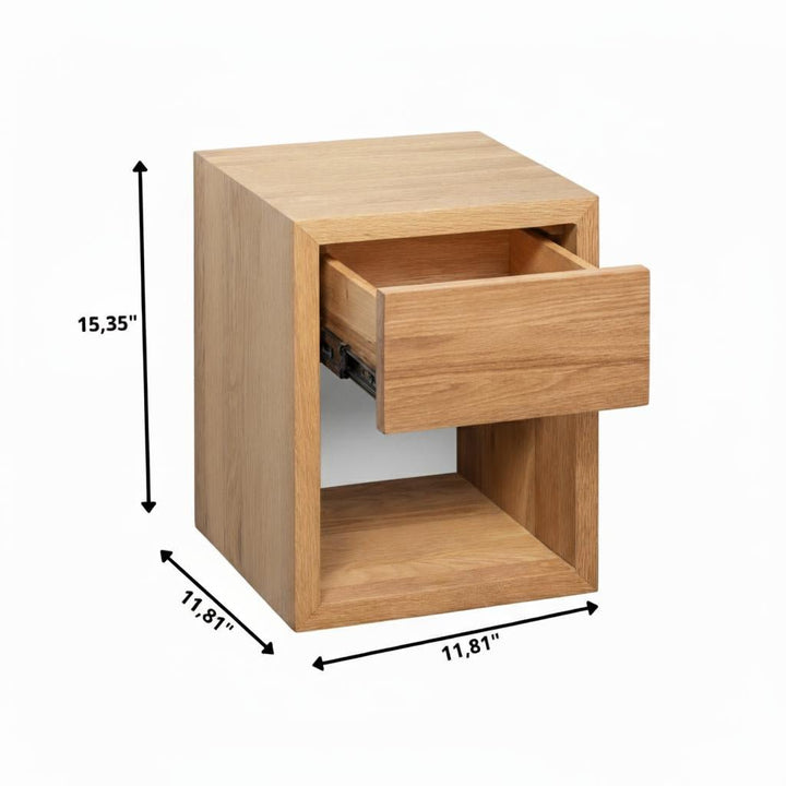 Hugo small oak nightstand with drawer fully open, natural matte lacquer finish