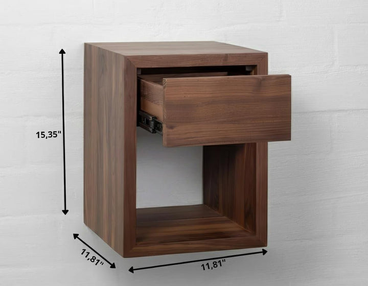 Hugo Walnut Floating Nightstand dimensions diagram showing 15.35" height and 11.81" width and depth with open drawer