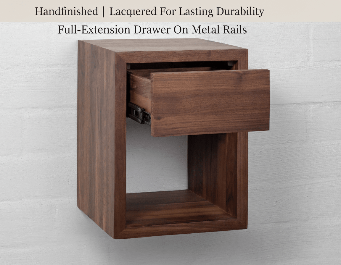 Wooden side table with a drawer on metal rails against a light gray background