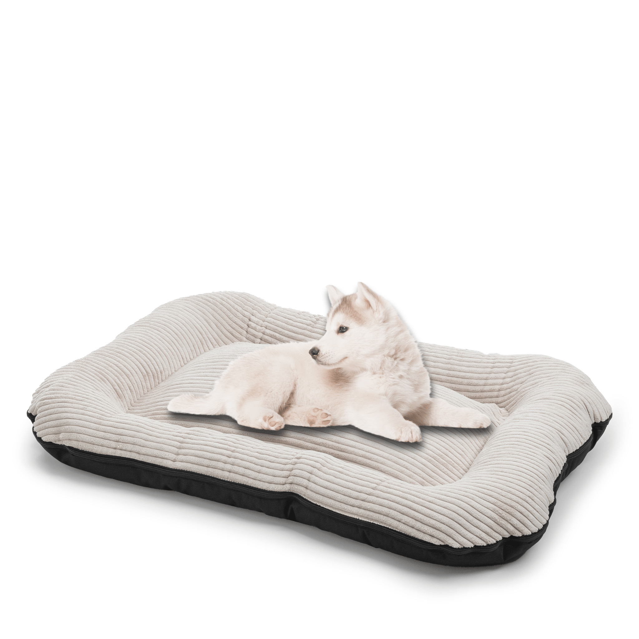 Comfortable striped beige pet bed with water-resistant bottom and machine washable cover
