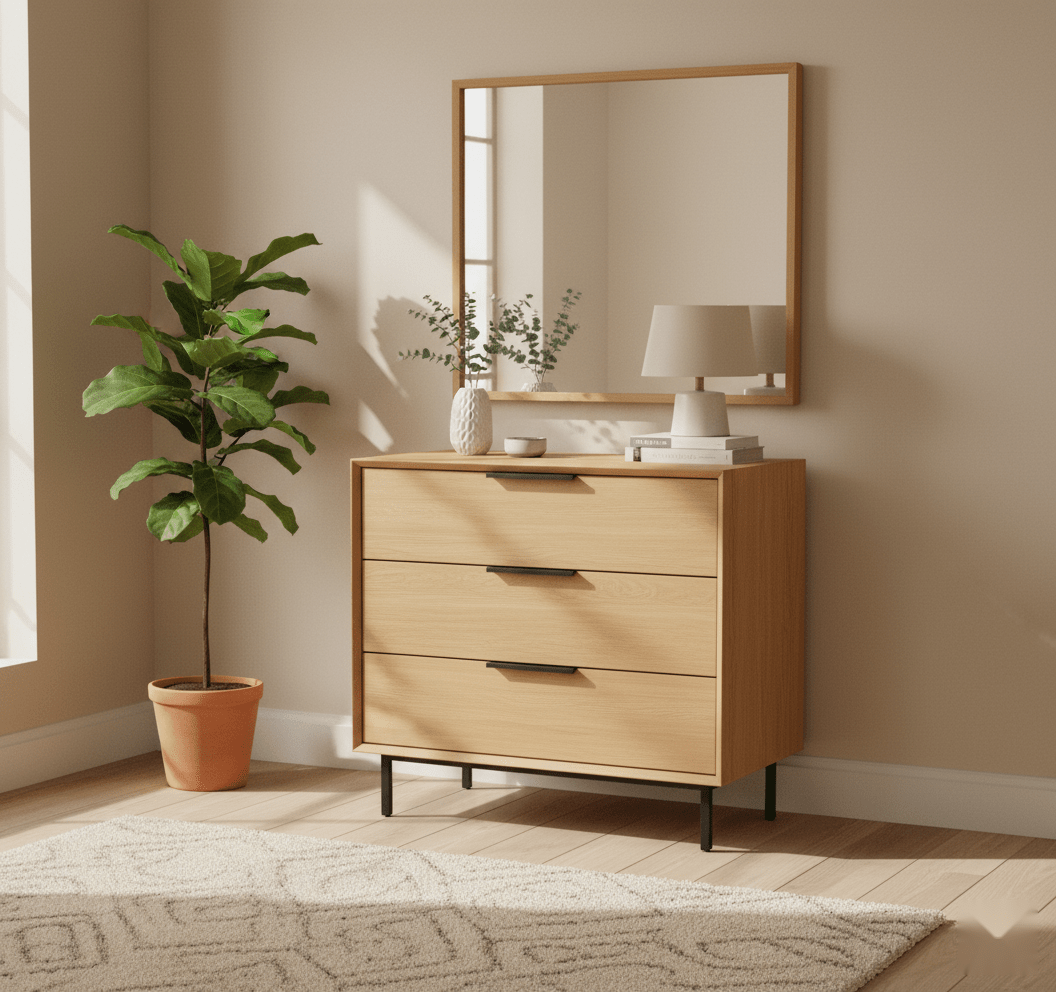 Bergen three-drawer oak dresser with matte lacquer finish and soft-close runners