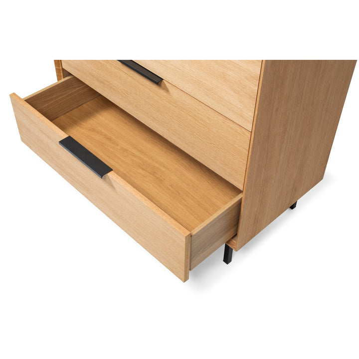The Bergen 3-Drawer Oak Dresser open drawer showing natural solid oak, minimalist black metal handles, and Scandinavian design details, gallery position 1