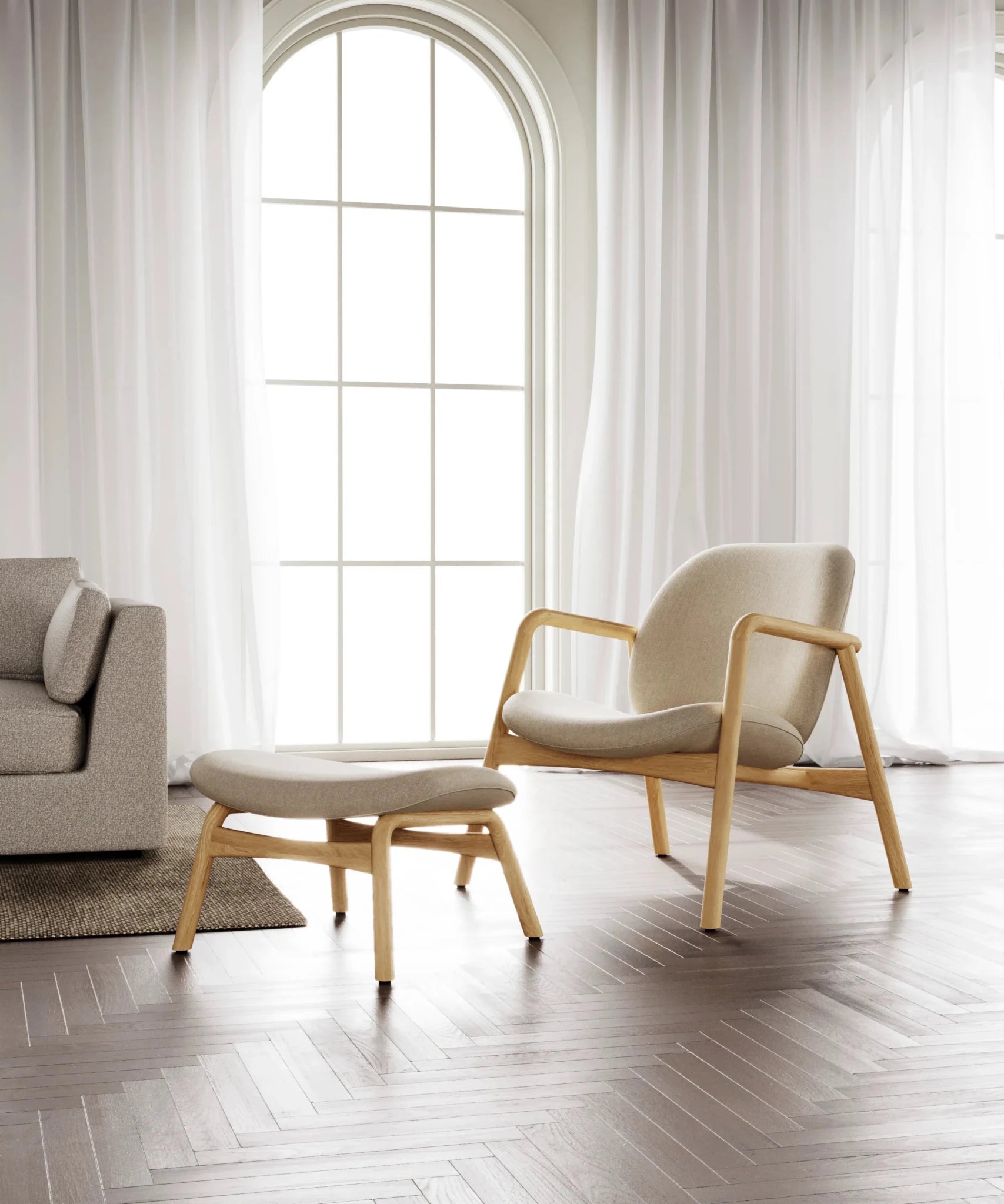 Theo oak armchair with cobble fabric upholstery and curved wooden armrests