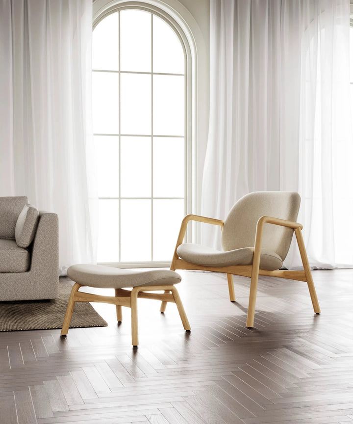 Theo oak armchair with cobble fabric upholstery and curved wooden armrests