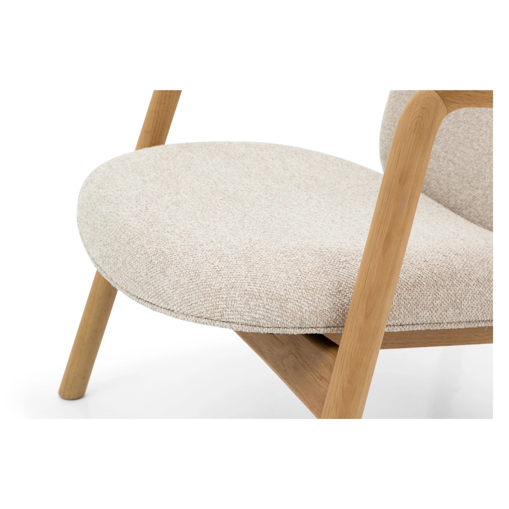 Theo Armchair – Cobble Fabric close-up on rounded seat cushion and smooth solid oak frame with natural textured upholstery, gallery position 1, Tugitool-Theo-Cobble-6.webp