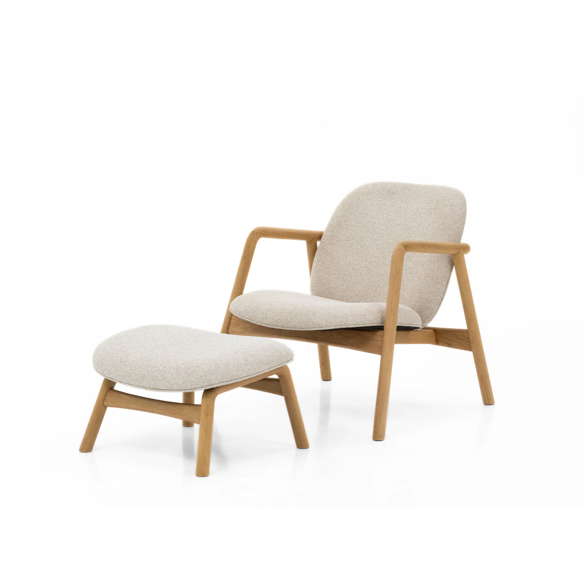Solid American oak armchair in soft cobble fabric with matte finish
