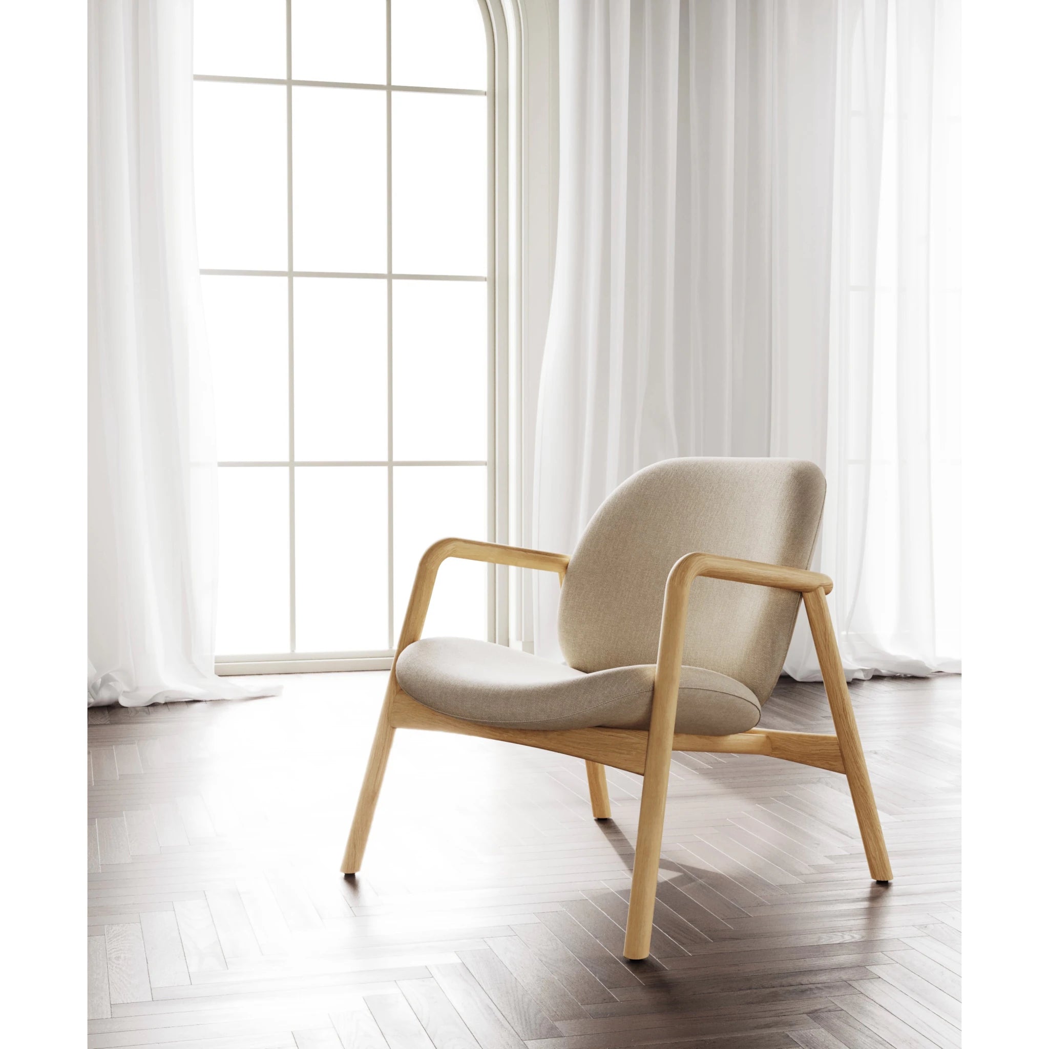 Theo Armchair – Cobble Fabric with curved solid oak frame and minimalist cobble-colored upholstery, gallery position 1, Tugitool-Theo-interjor-2.webp