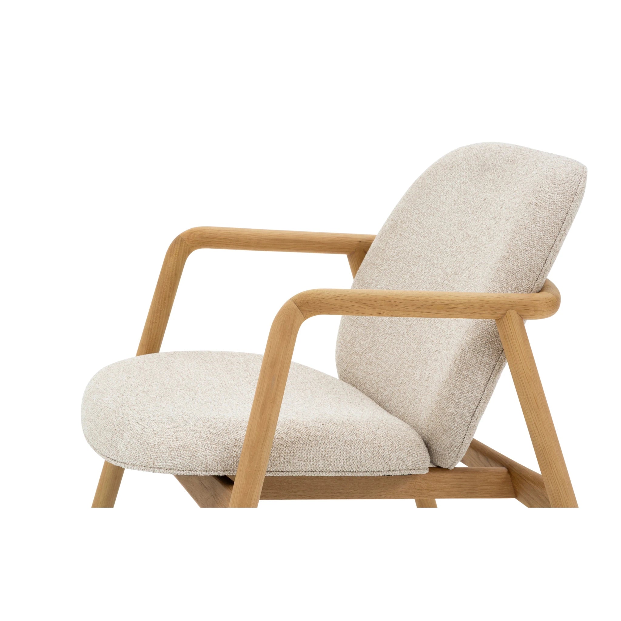 Theo Armchair – Cobble Fabric close-up side view with light textured upholstery and smooth natural oak frame, gallery position 1, Tugitool-Theo-Cobble-5-1.webp