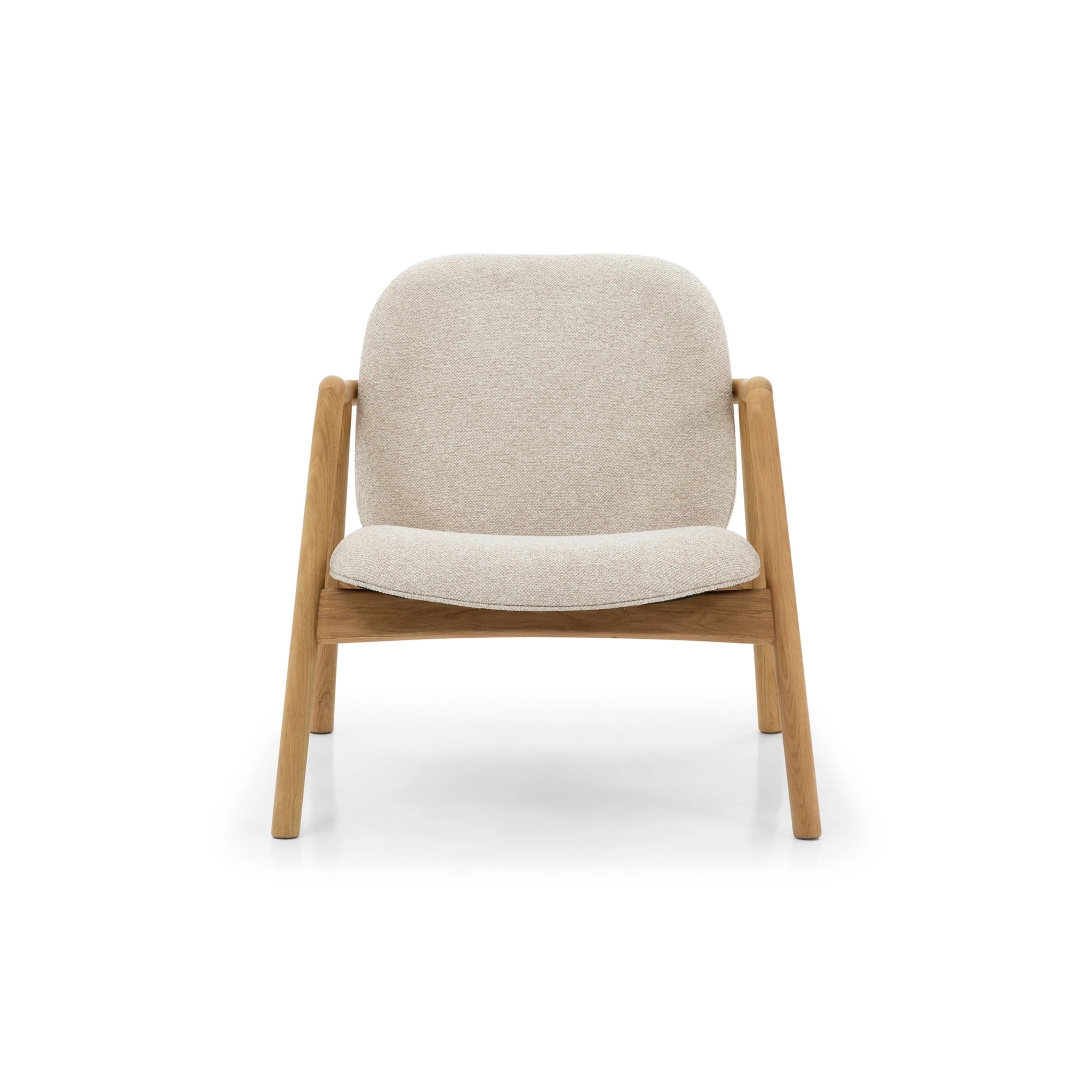 Theo Armchair – Cobble Fabric front view with natural solid oak frame and soft cobble-colored upholstery, gallery position 1, Tugitool-Theo-Cobble-2.webp