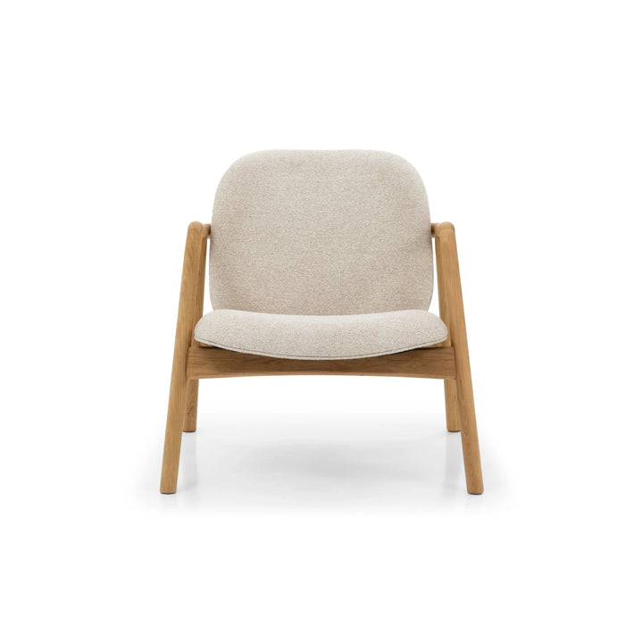 Theo Armchair – Cobble Fabric front view with natural solid oak frame and soft cobble-colored upholstery, gallery position 1, Tugitool-Theo-Cobble-2.webp