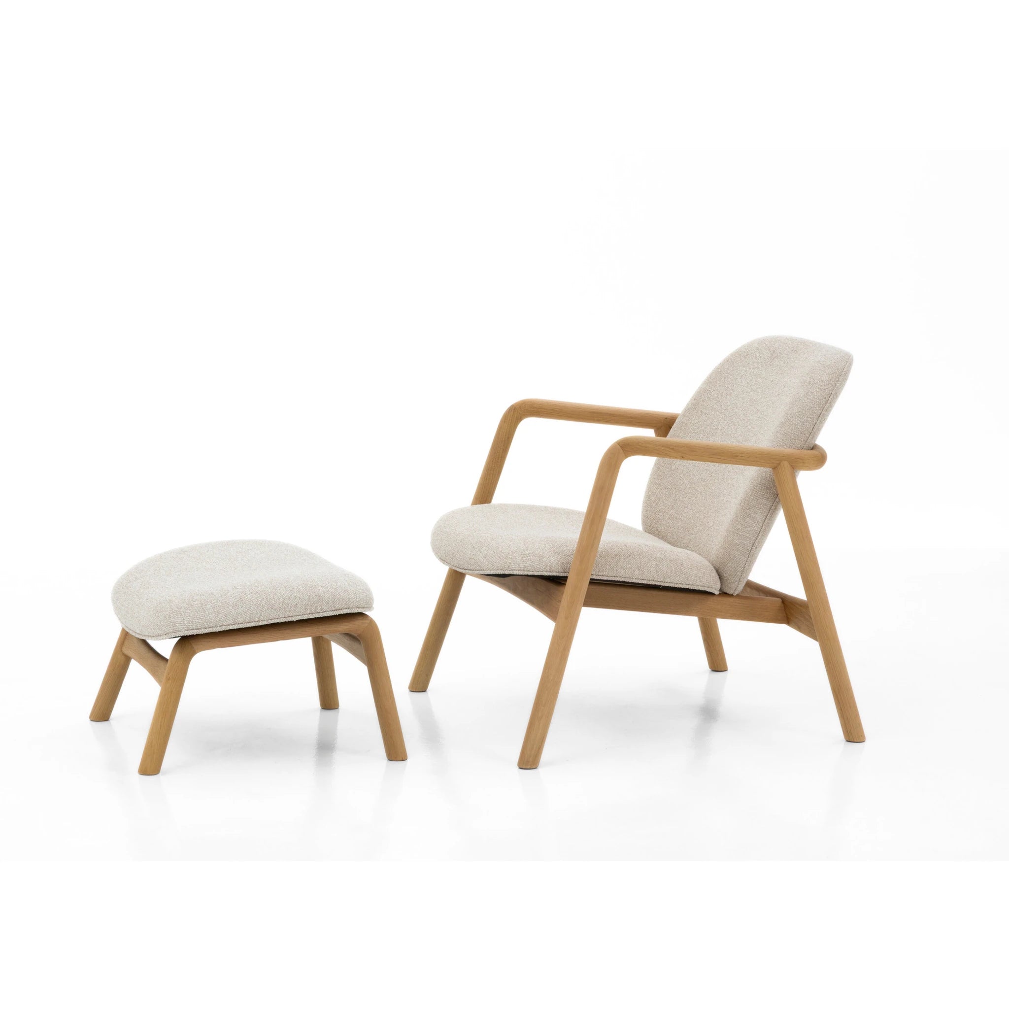 Modern oak lounge chair with cobble fabric seat and natural wood grain frame