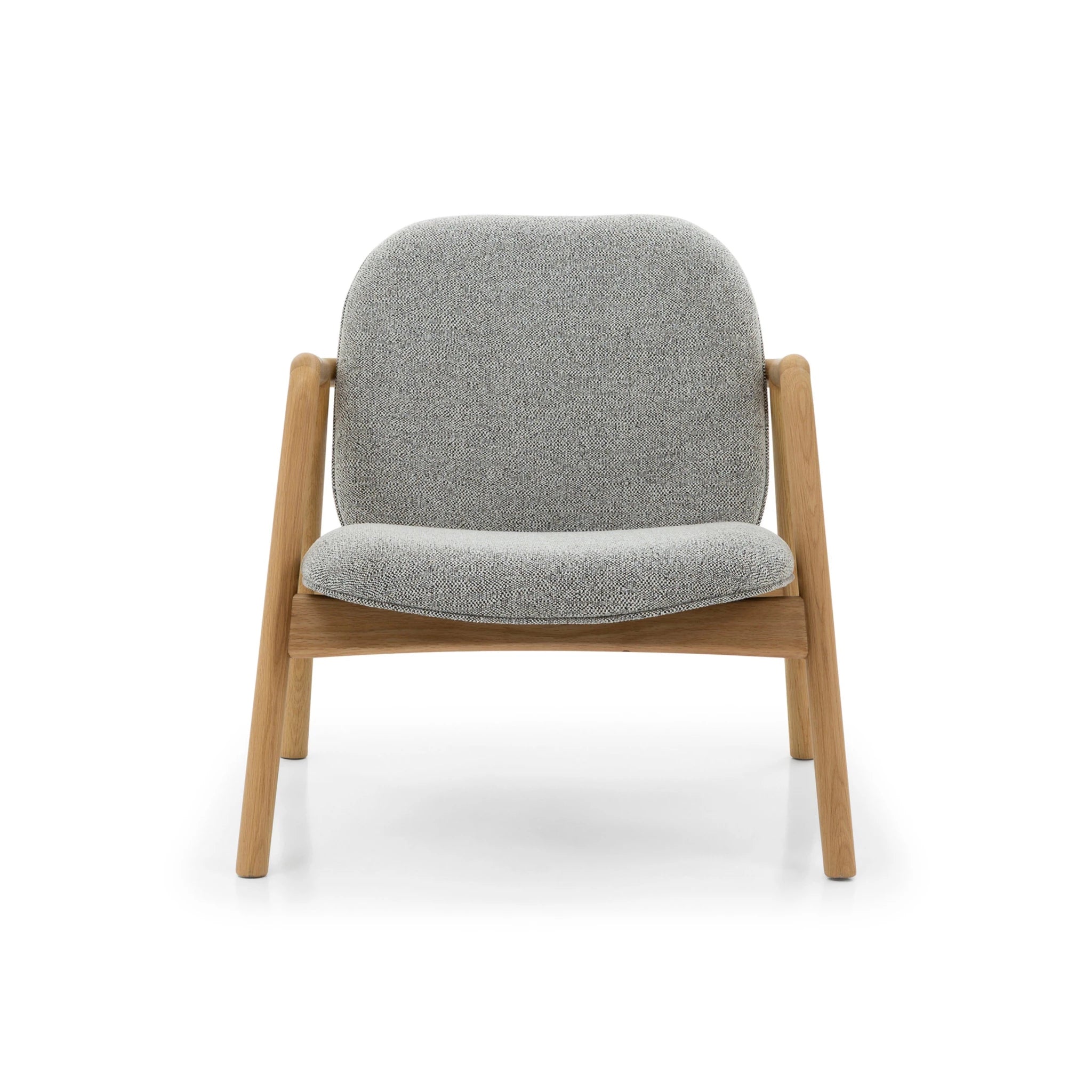 Theo Armchair – Noel Fabric front view with soft gray upholstery and solid natural oak frame, gallery position 1, Tugitool-Theo-Noel-2.webp
